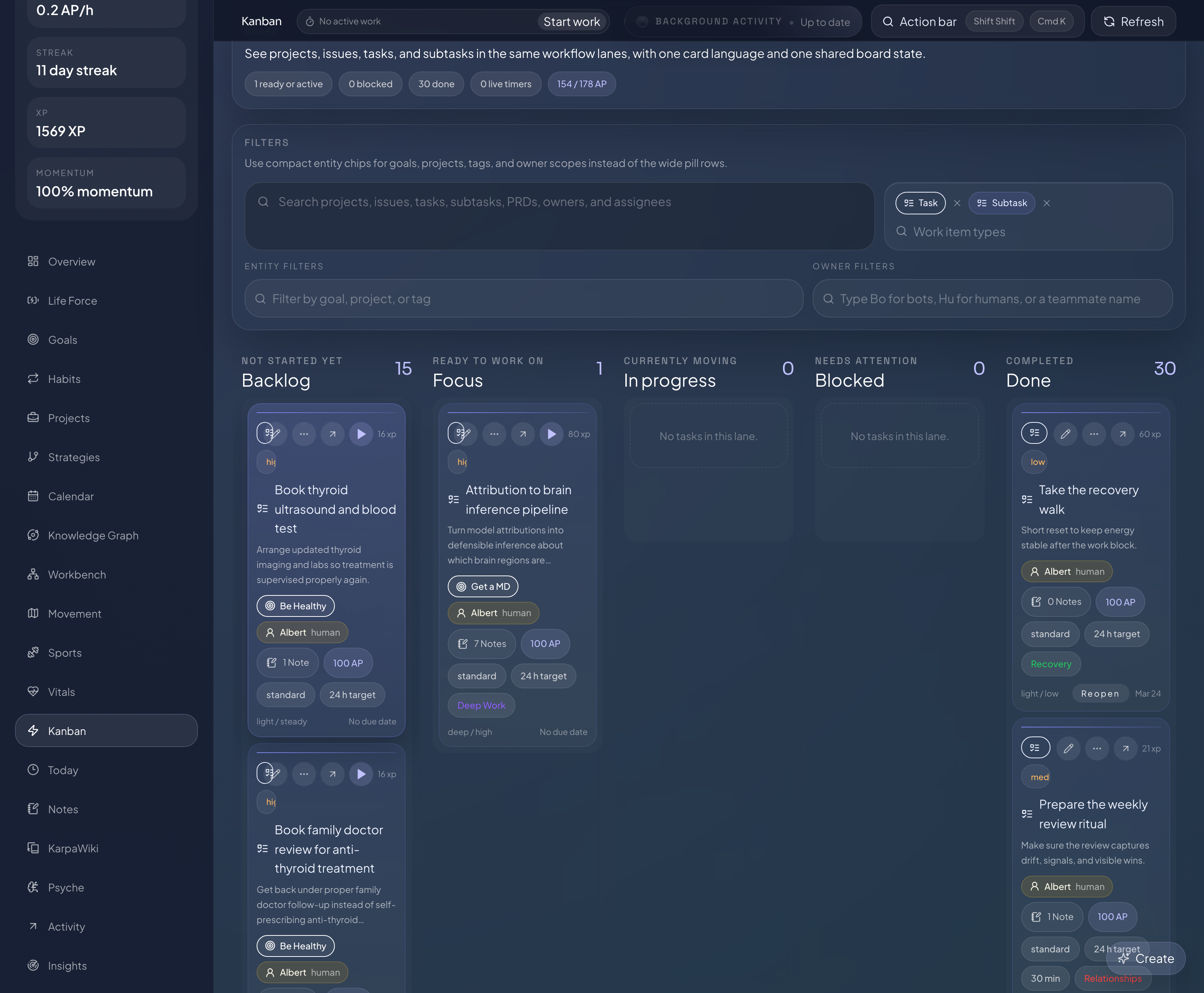 Forge Kanban board showing task lanes and execution controls.