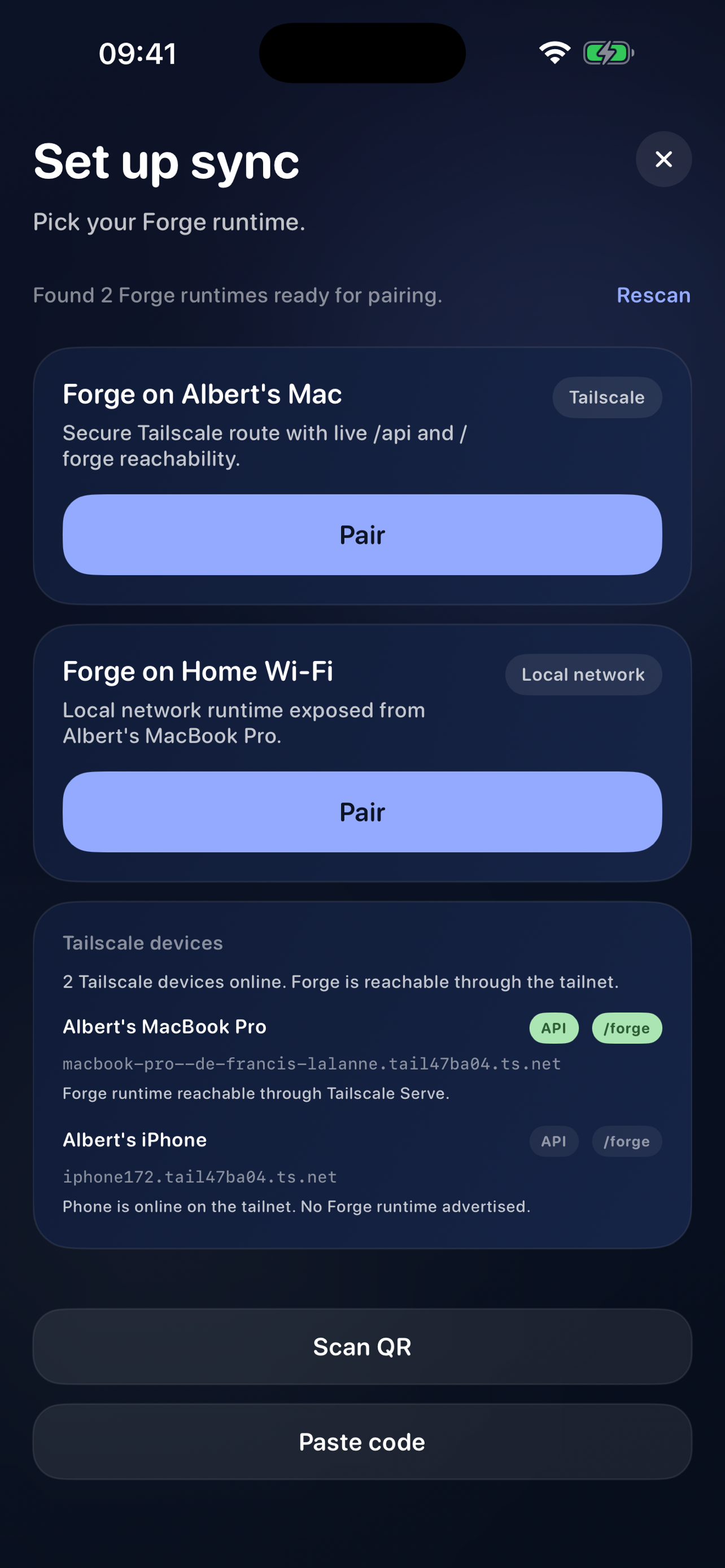 Forge Companion pairing and discovery screen in portrait.