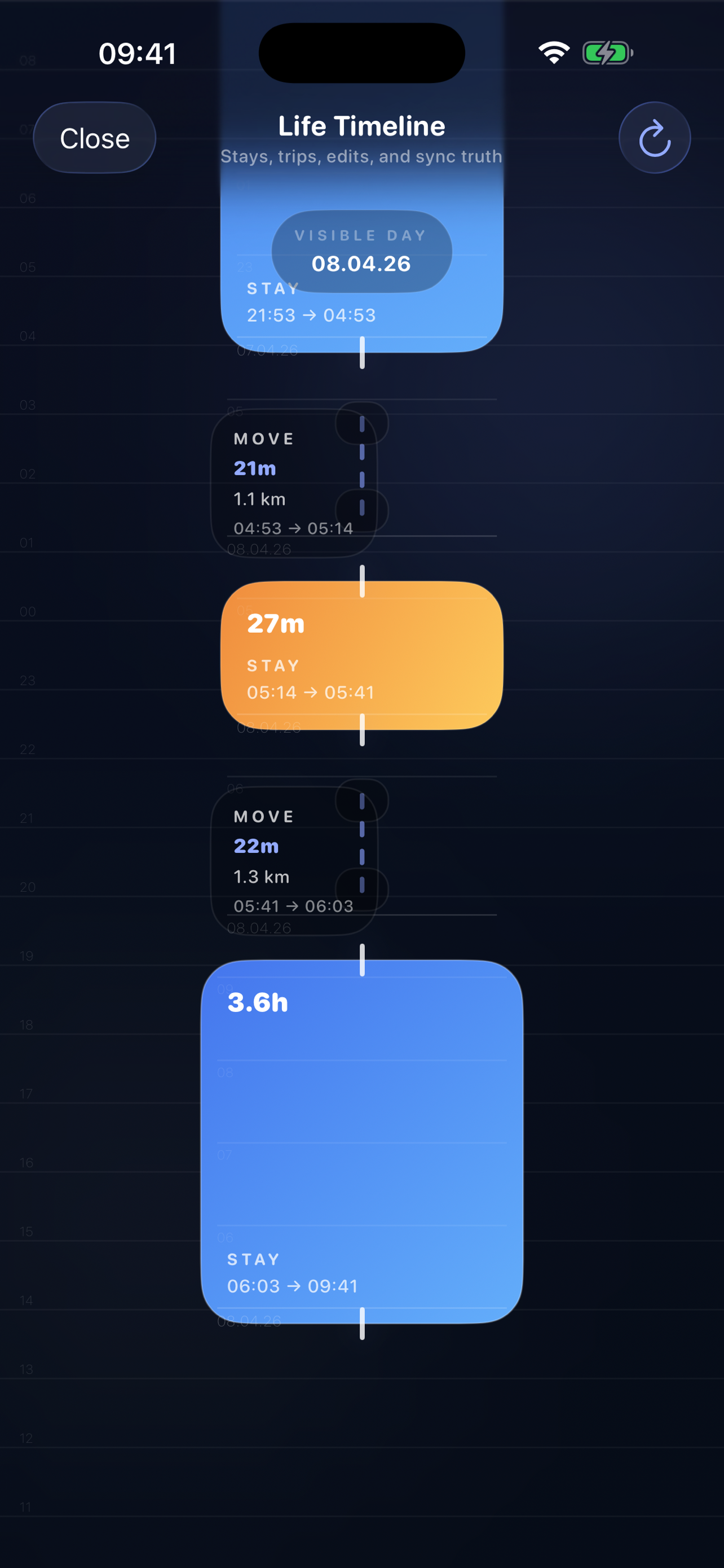 Forge Companion life timeline screen in portrait.