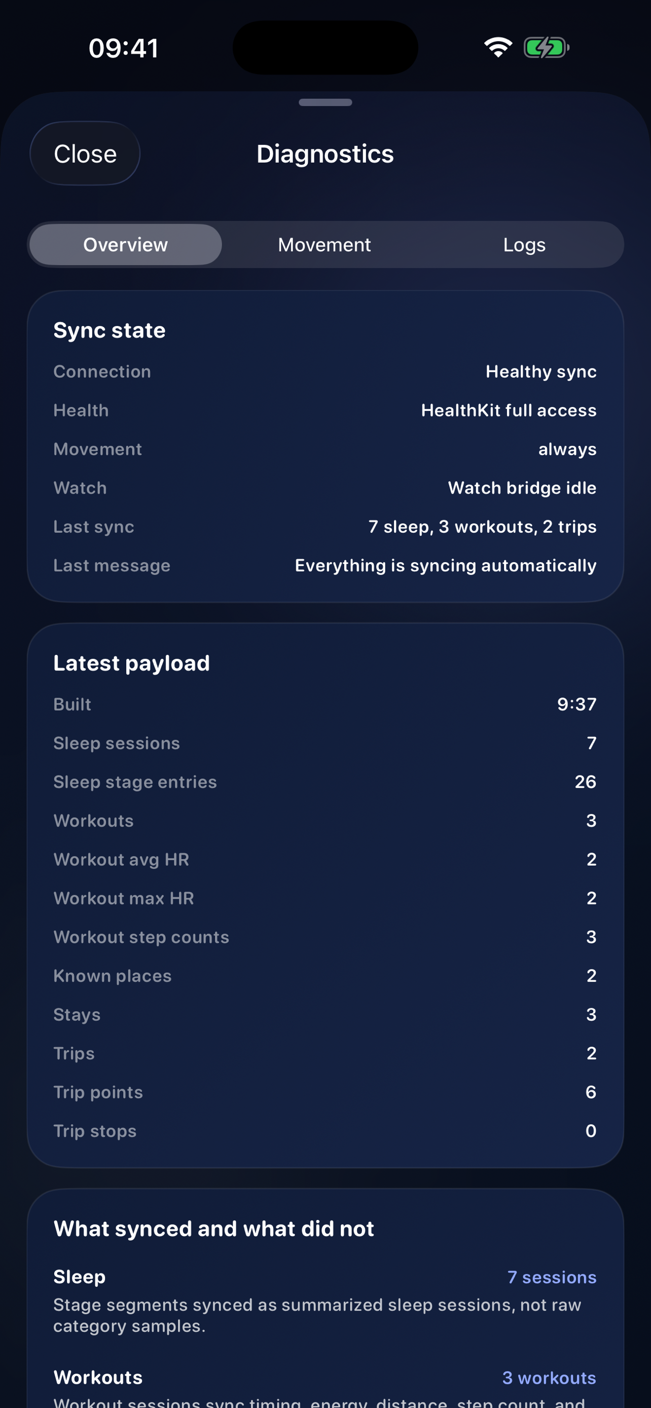 Forge Companion diagnostics screen in portrait.