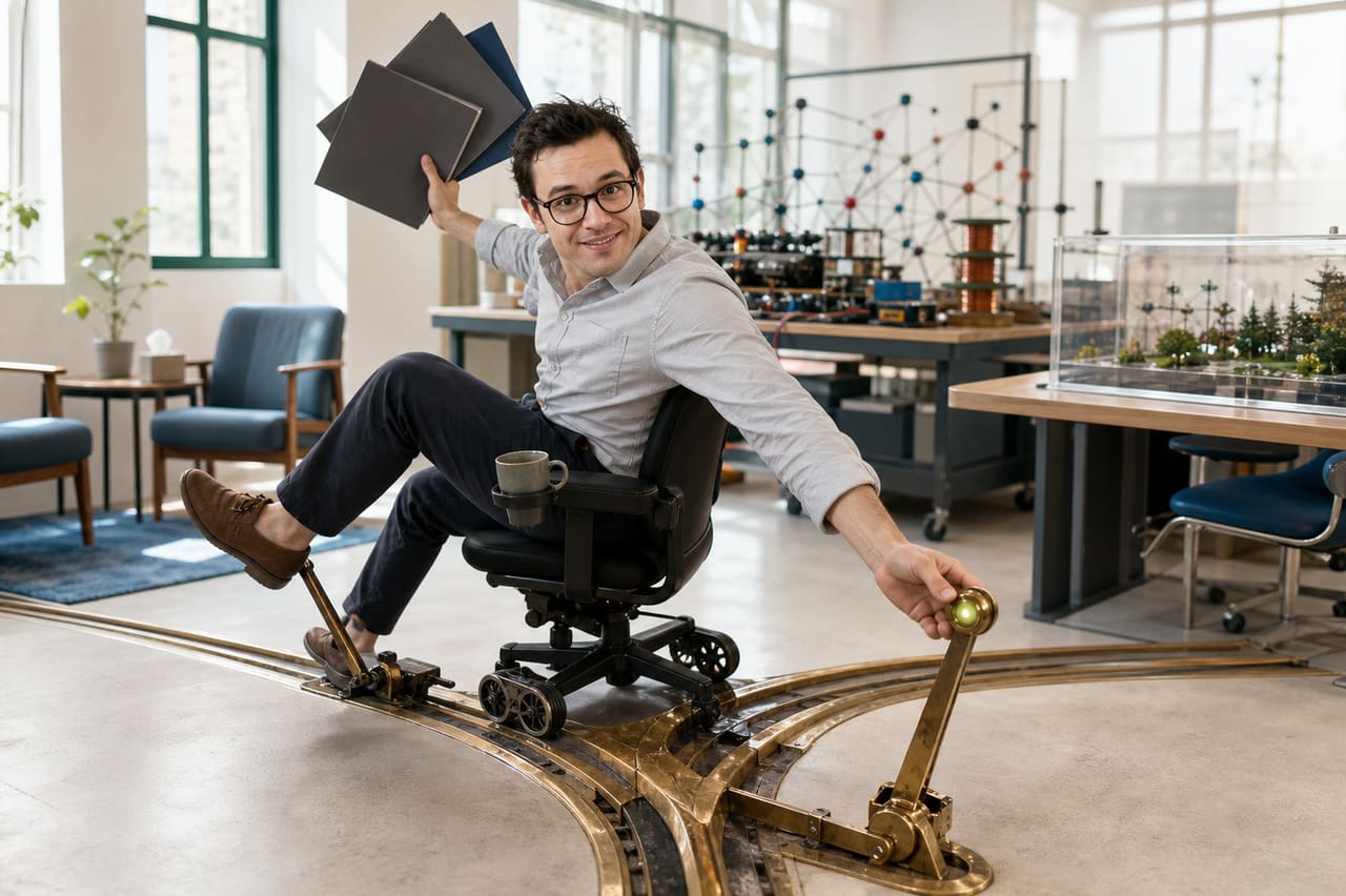 Albert Buchard throws a lever from a rolling chair on a Y-shaped rail as clinical, modelling and doctoral files fan out around him.