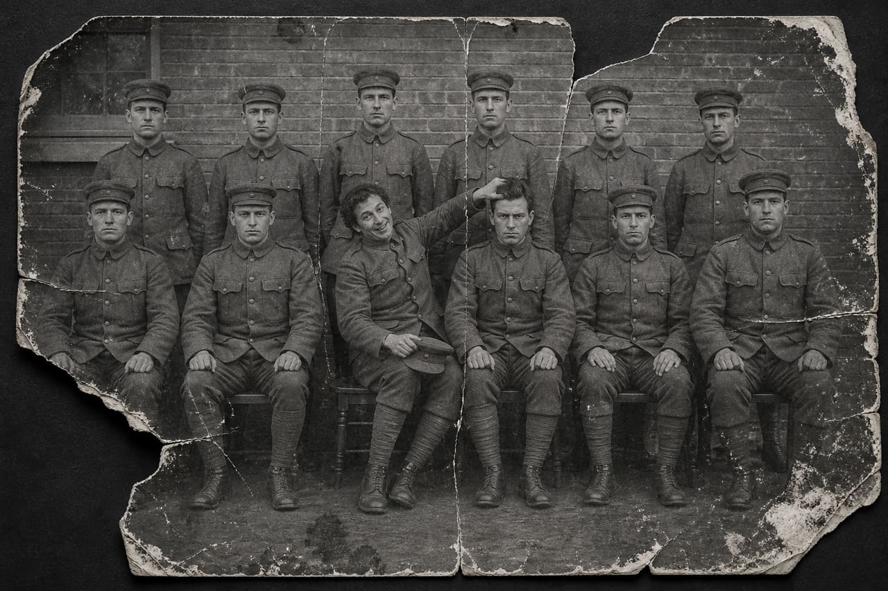 A heavily torn and creased fictional military-cohort photograph; Albert alone smiles while tousling a stern colleague's hair, his own cap resting in his lap.