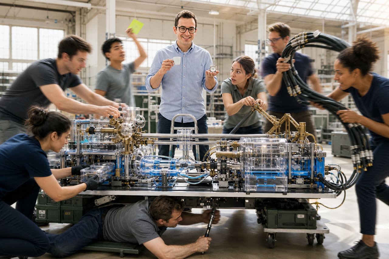 Albert Buchard smiles with an espresso and tiny stopwatch while a fictional research pit crew rushes around one modular prototype.