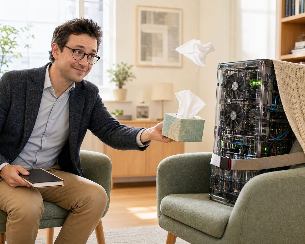 Albert Buchard offers a tissue box to a transparent computer rack tucked into a psychiatric consultation chair under a blanket; no patient is present.