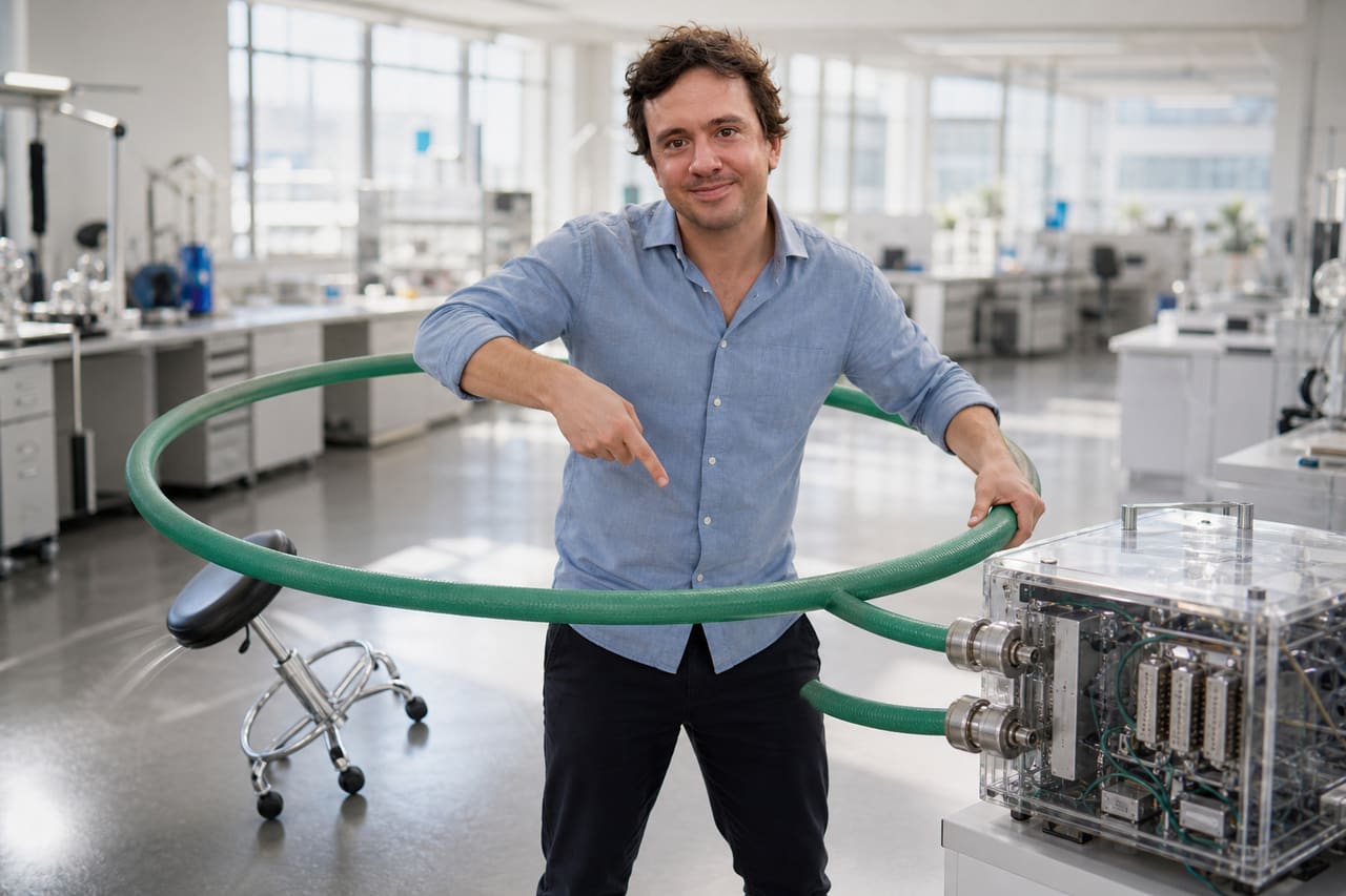 Albert Buchard stands inside an enormous green cable loop whose two ends reconnect adjacent ports on the same transparent machine.