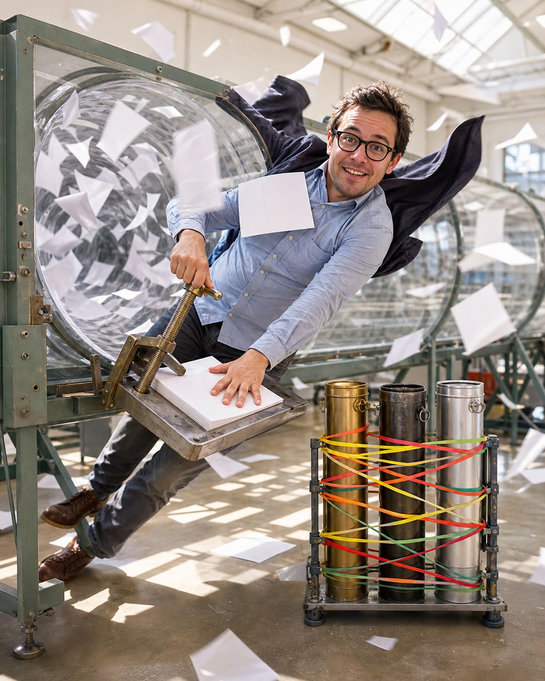 Albert Buchard clings to a manuscript clamp while a staged document wind tunnel blows him and loose pages nearly horizontal beside three sealed patent tubes.