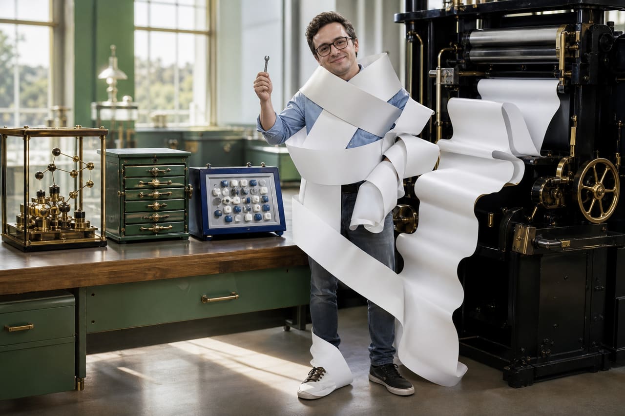 Albert Buchard holds a comically small wrench while a giant precision press wraps him in one enormous blank paper ribbon beside four physical research-system modules.