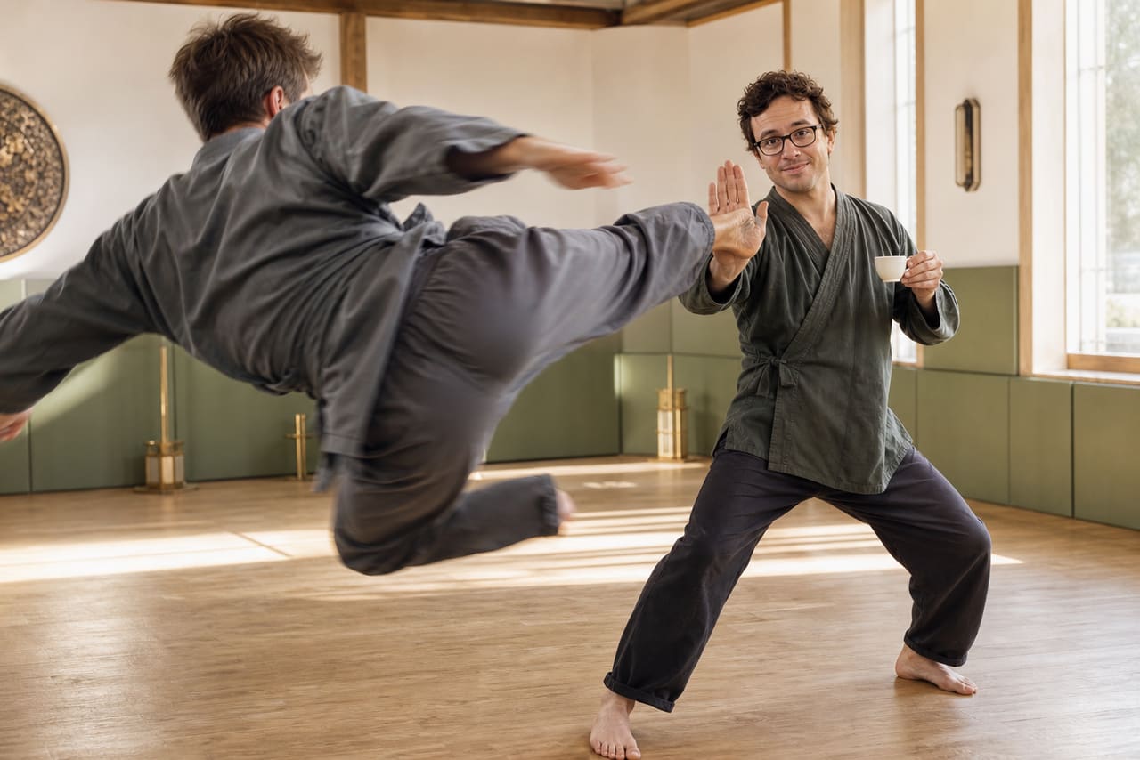 In a bright fictional kung-fu training hall, Albert Buchard calmly blocks an airborne learner's kick with one palm while holding an espresso in the other hand.